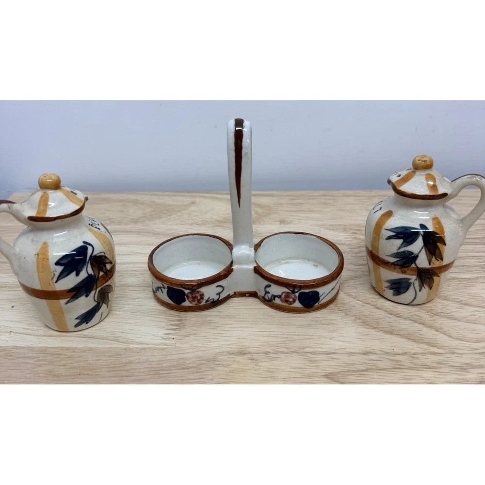 Vintage 60s NASCO Japan‎ Hand Painted Ceramic Salt & Pepper Shakers Caddy #16